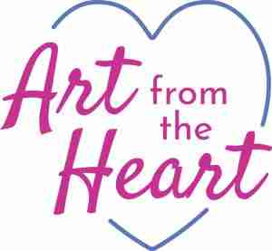 a logo featuring the words "Art from the Heart" in stylized text. The word "Art" is in large, cursive pink letters, while "from the" and "Heart" are in smaller, pink, non-cursive letters. The entire phrase is enclosed within the outline of a blue heart. The design is simple and conveys a heartfelt, creative sentiment.